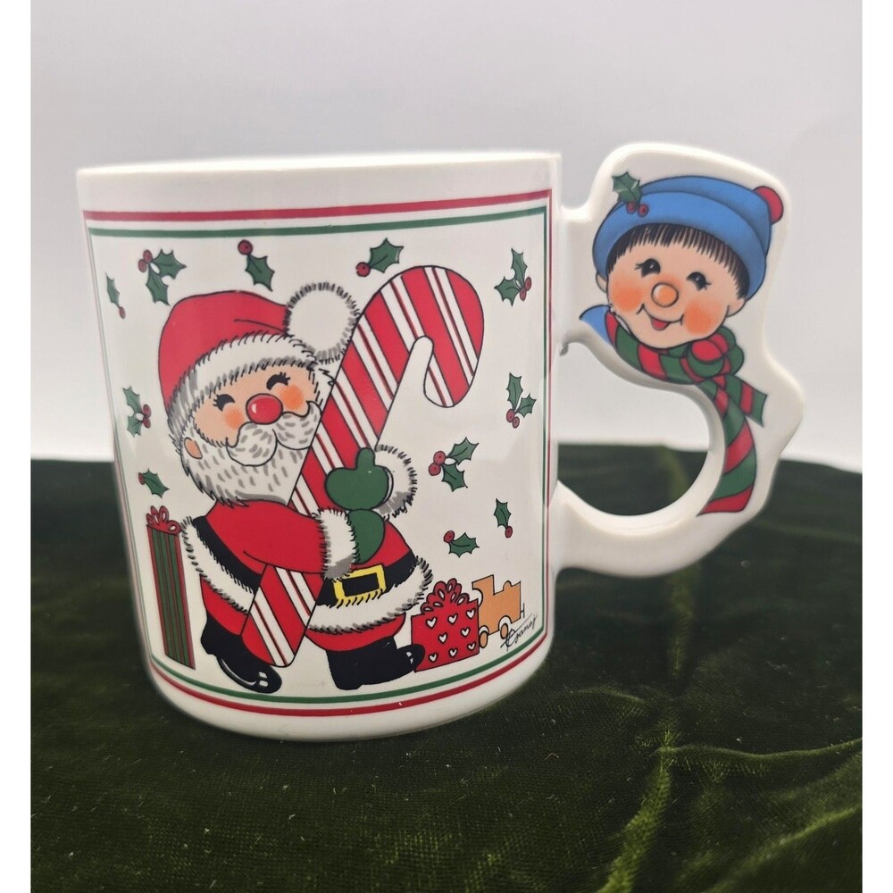 Vintage Christmas Coffee Cup Mug ~ Santa / Child With Scarf Handle Oamaj